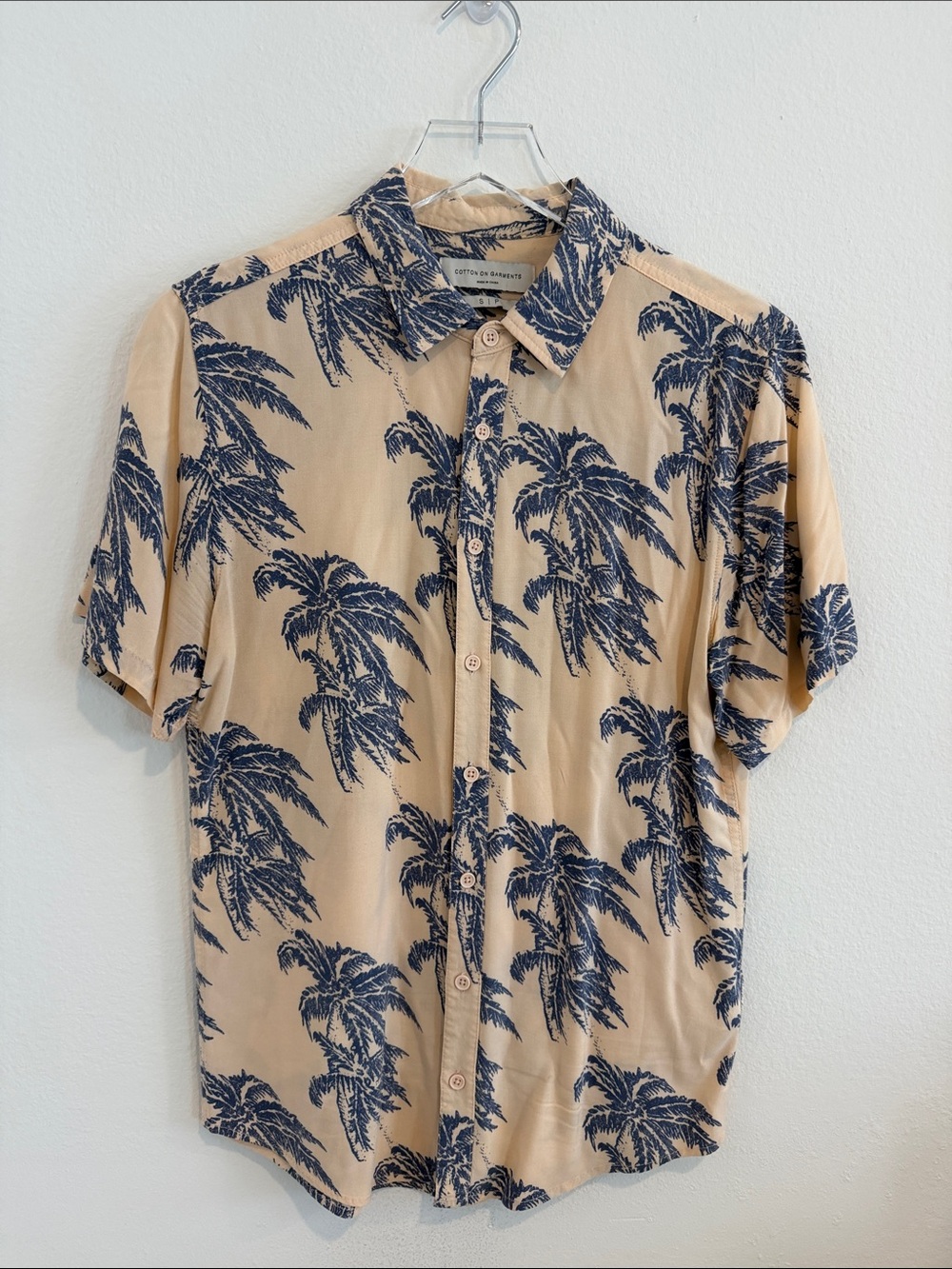 Cotton On Beige Short-Sleeve Shirt with Navy Palm Print